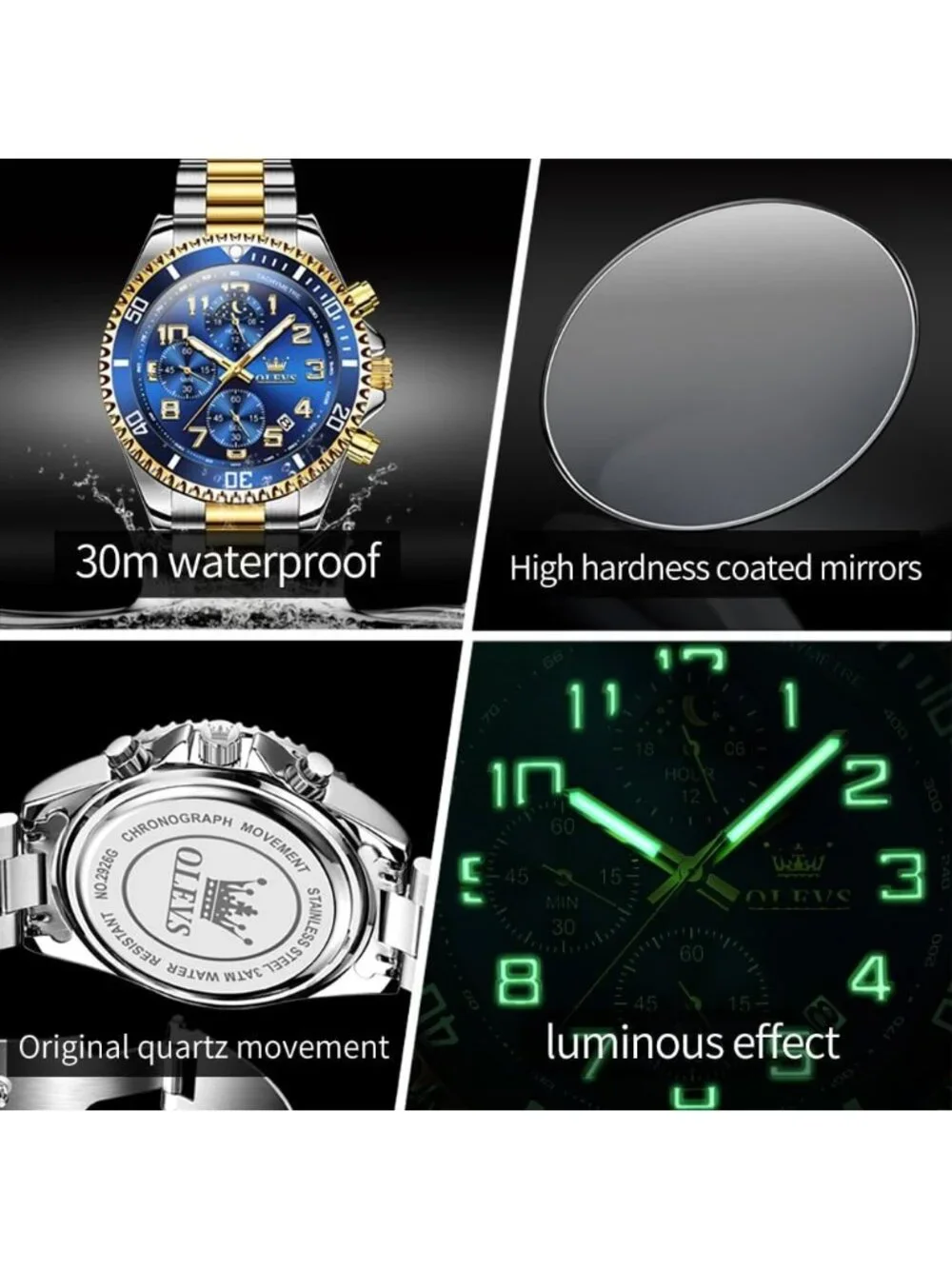 Men's Silver Blue Stainless Steel Waterproof Quartz Big Face Fashion Wrist Watch